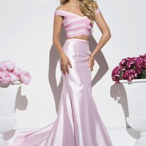 Tony Bowls Pink Satin Off the Shoulder 2 Piece Gown Prom